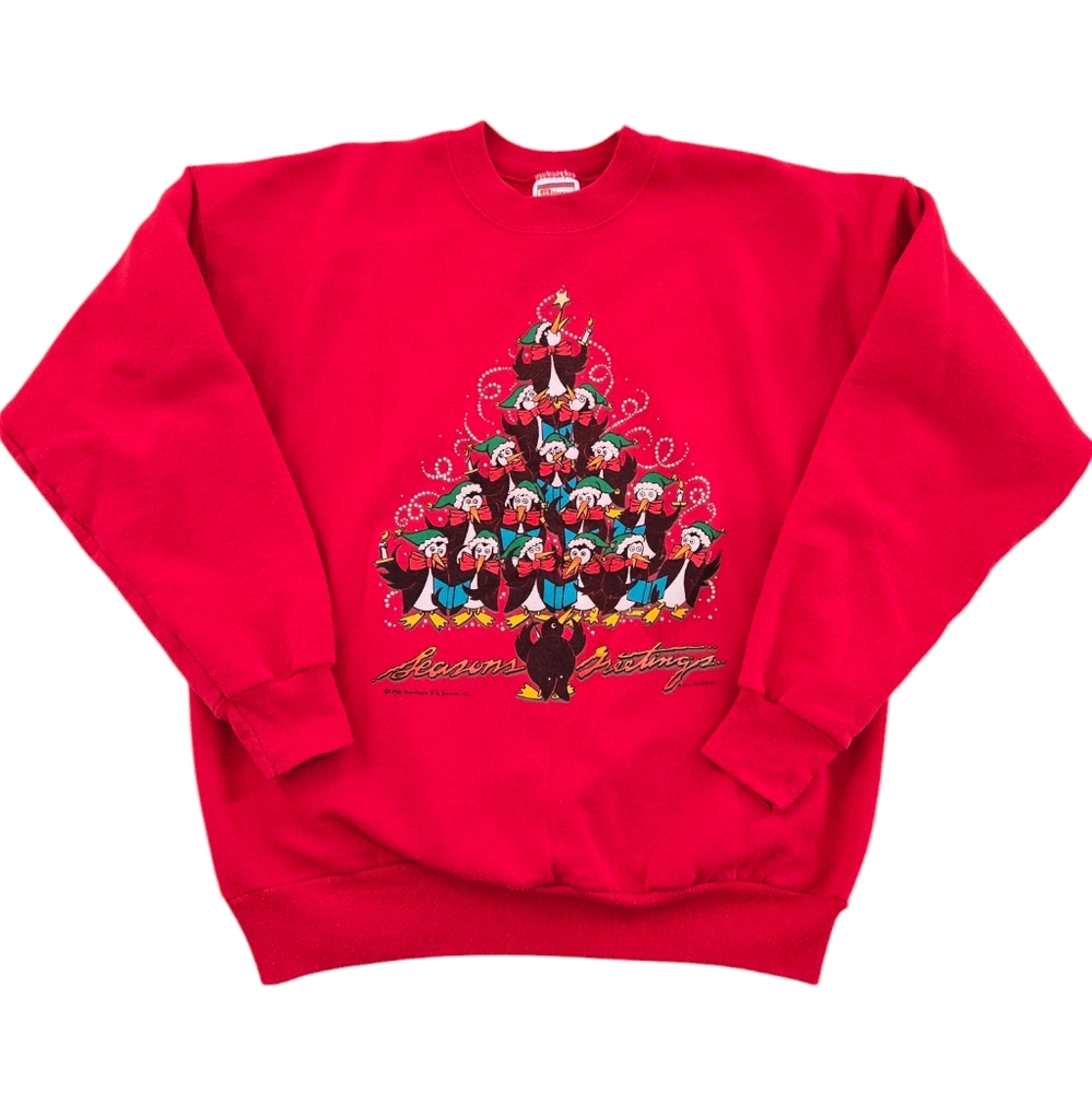 Vintage 1990 Seasons Greetings Red Christmas Penguins Sweatshirt